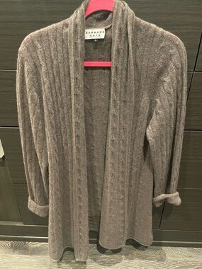 Barbara Katz Taupe Cable-Knit Open Cardigan Sweater